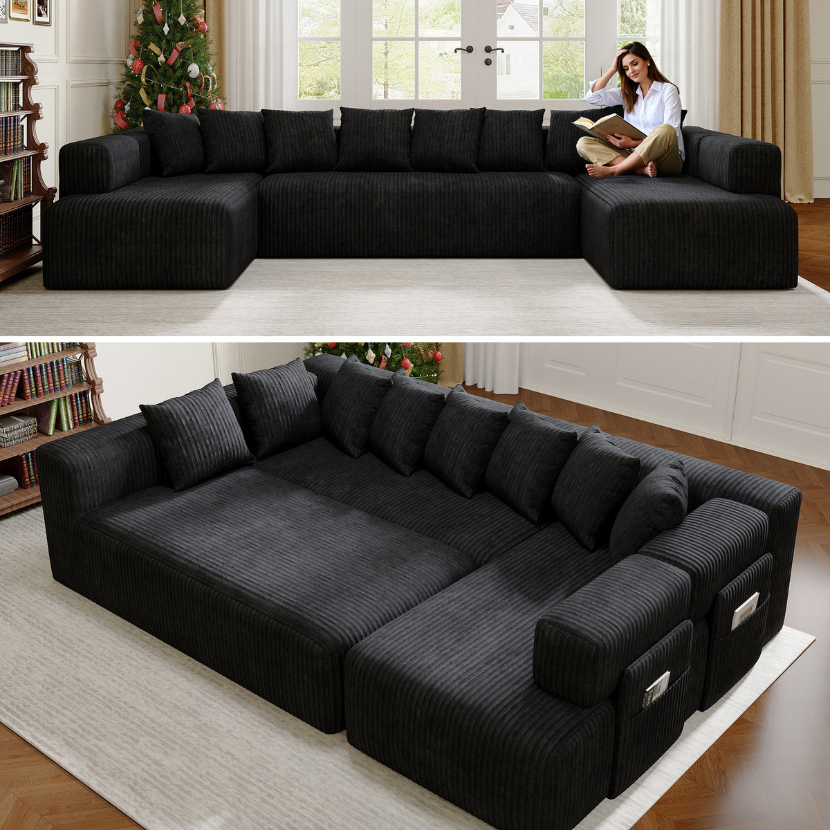 Black 146-inch U-shaped modular sofa, product image 07