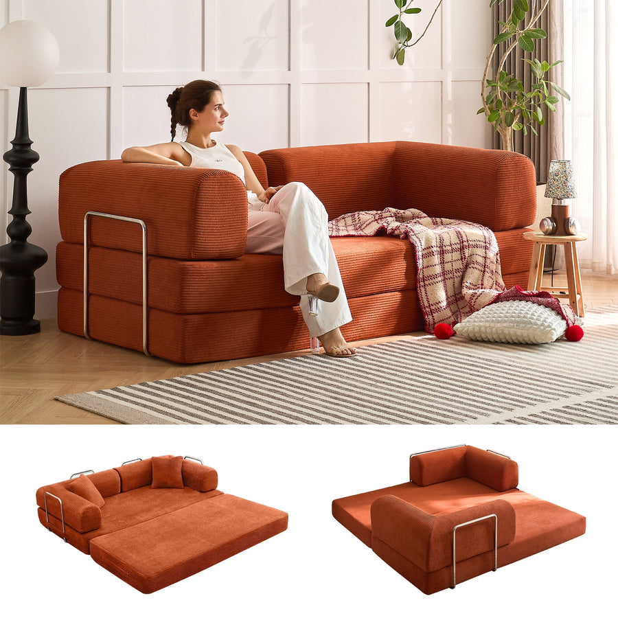 Orange corduroy convertible sofa bed shown in seating and expanded configurations