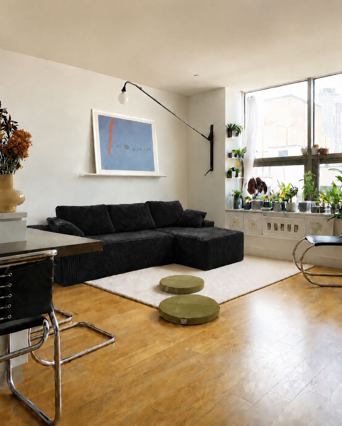 Black L-shaped couch in a bright living room with wood flooring and a window