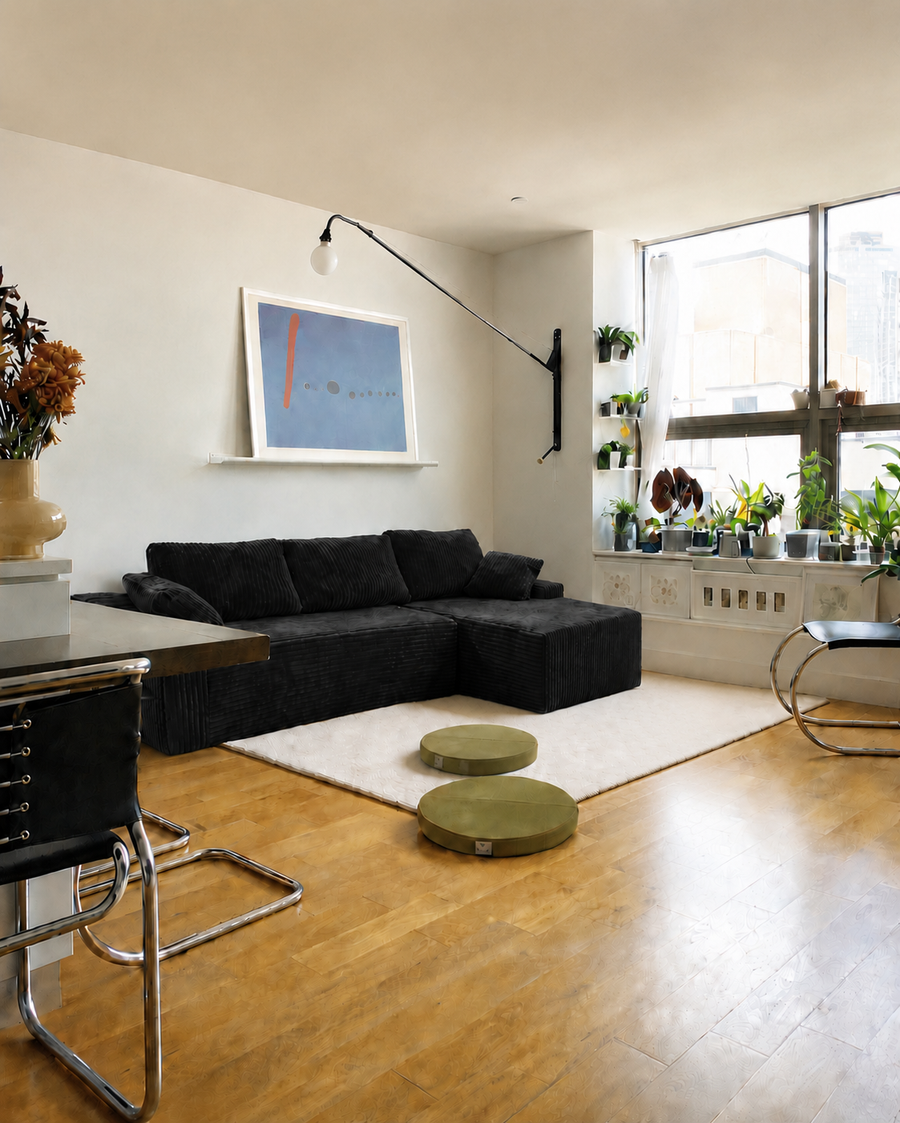 Black L-shaped couch in a bright living room with wood flooring and a window