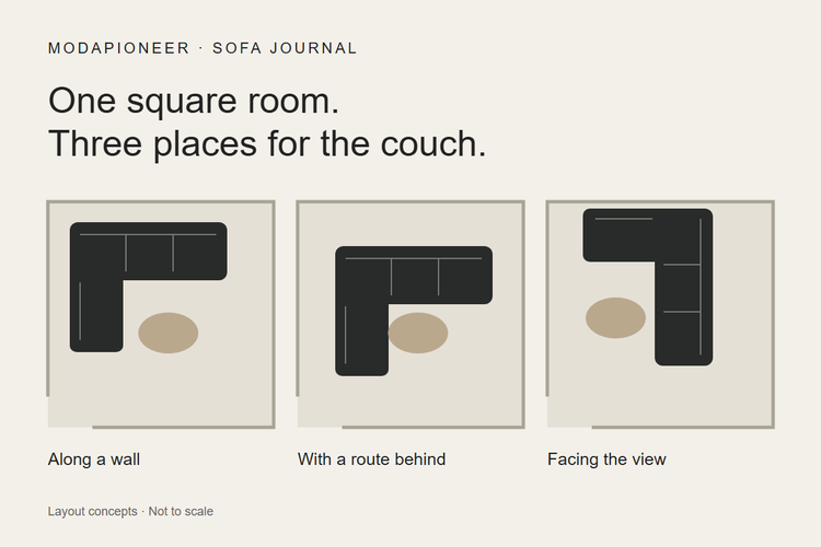 Three conceptual L-shaped couch placements in square rooms