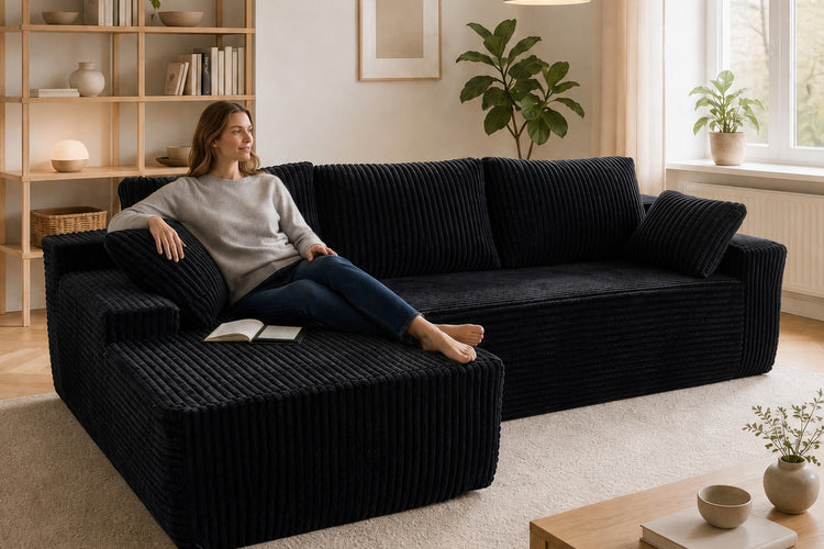 Black L-shaped corduroy couch beside wood shelving and a wood table in a room styling illustration