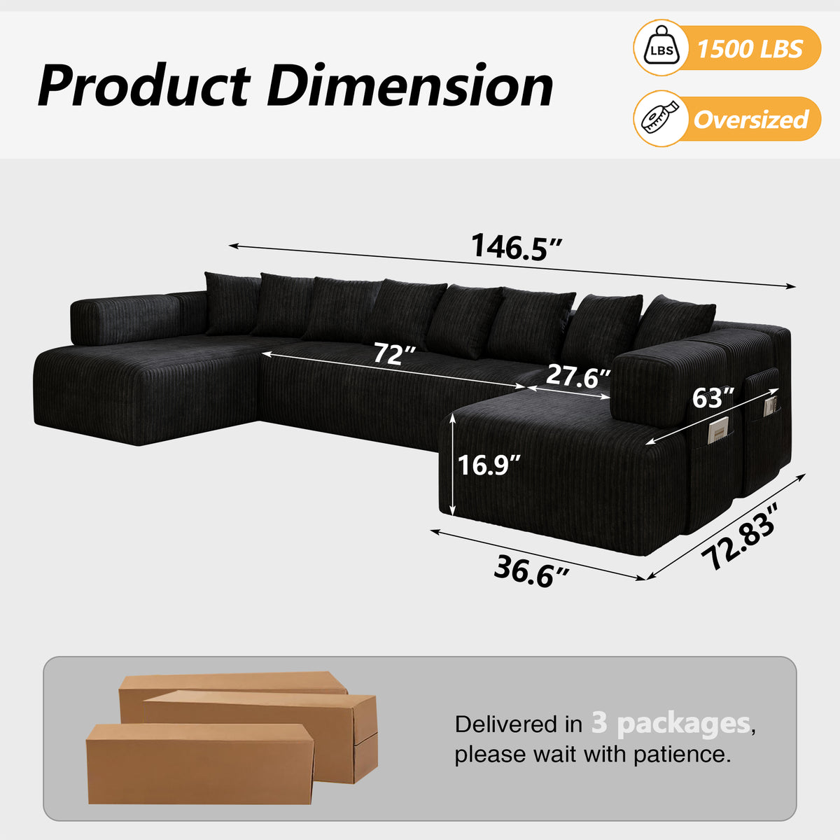 Black 146-inch U-shaped modular sofa, product image 03
