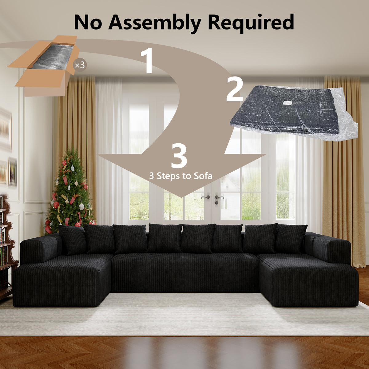 Black 146-inch U-shaped modular sofa, product image 06