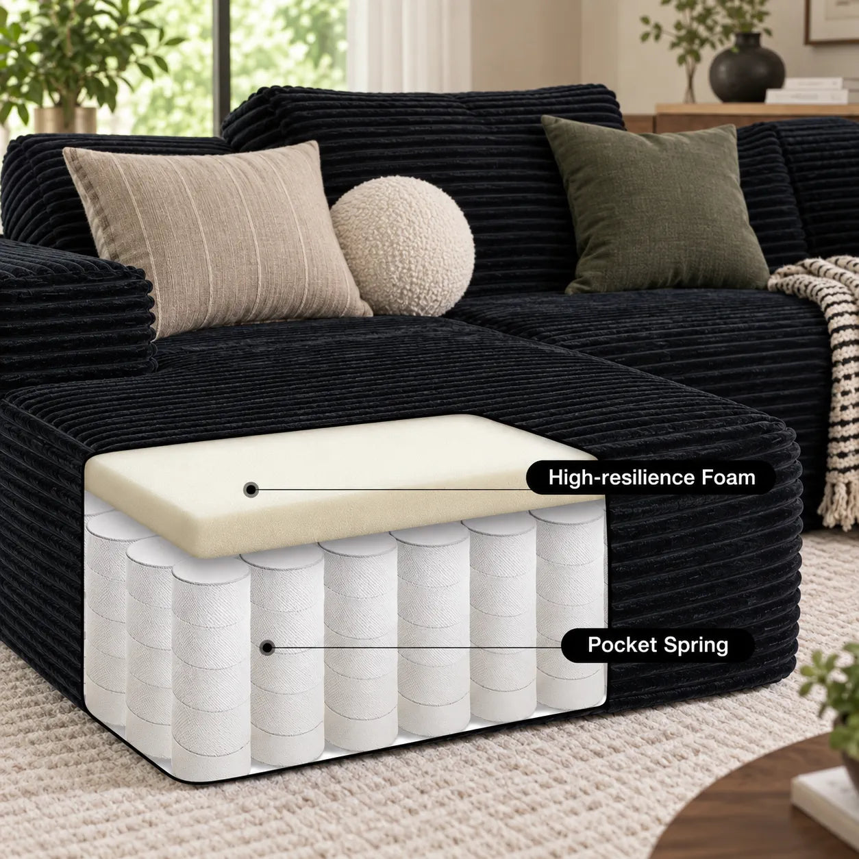Boneless sofa cutaway showing high-resilience foam and pocket-spring support
