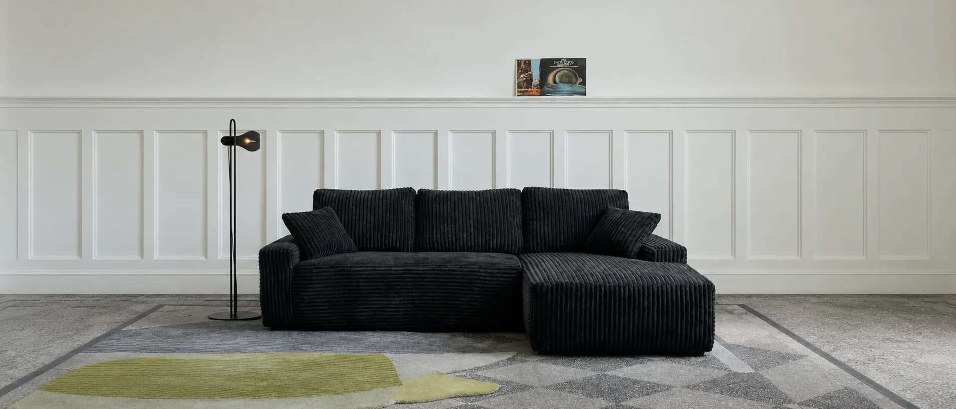 96-inch black L-shaped modular sofa